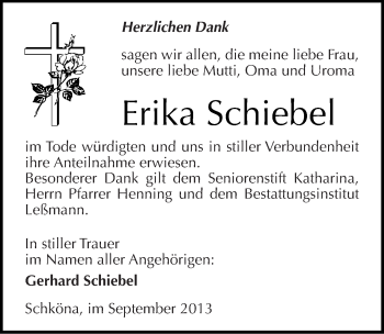 Traueranzeige von Erika Schiebel von Mitteldeutsche Zeitung Wittenberg