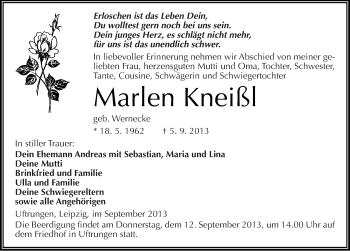 Traueranzeige von Marlen Kneißl von Mitteldeutsche Zeitung Sangerhausen