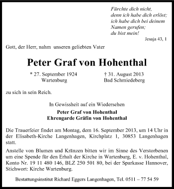 Traueranzeige von Peter Graf von Hohenthal von Mitteldeutsche Zeitung Wittenberg