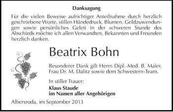 Traueranzeige von Beatrix Bohn von Mitteldeutsche Zeitung Merseburg/Querfurt