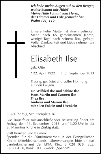 Traueranzeige von Elisabeth Ilse von Mitteldeutsche Zeitung