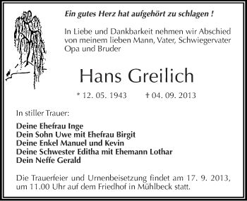 Traueranzeige von Hans Greilich von Mitteldeutsche Zeitung Bitterfeld