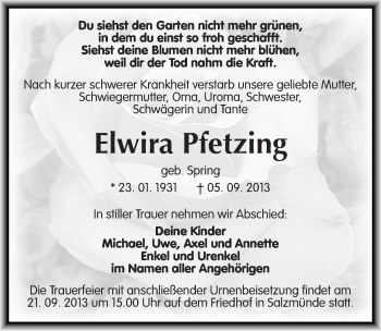Traueranzeige von Elwira Pfetzing von Mitteldeutsche Zeitung Halle/Saalkreis