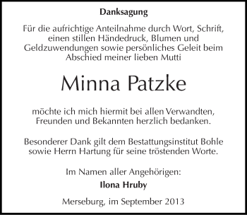 Traueranzeige von Minna Patzke von Mitteldeutsche Zeitung Merseburg/Querfurt