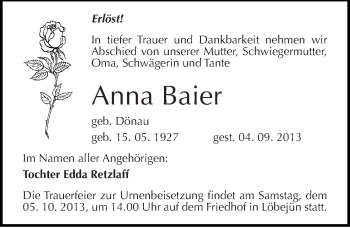 Traueranzeige von Anna Baier von Mitteldeutsche Zeitung Halle/Saalkreis