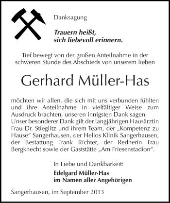 Traueranzeige von Gerhard Müller-Has von Mitteldeutsche Zeitung Sangerhausen