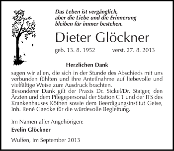 Traueranzeige von Dieter Glöckner von Mitteldeutsche Zeitung Köthen