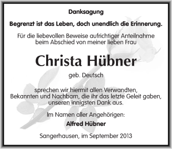 Traueranzeige von Christa Hübner von Mitteldeutsche Zeitung Sangerhausen