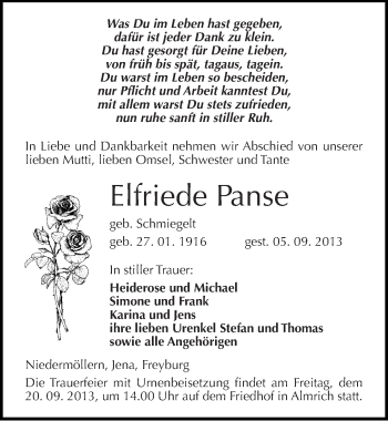 Traueranzeige von Elfriede Panse von Mitteldeutsche Zeitung Naumburg/Nebra