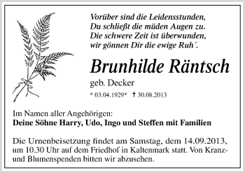 Traueranzeige von Brunhilde Räntsch von Mitteldeutsche Zeitung Halle/Saalkreis