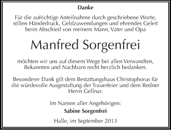 Traueranzeige von Manfred Sorgenfrei von Mitteldeutsche Zeitung Halle/Saalkreis