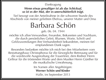 Traueranzeige von Barbara Schön von Mitteldeutsche Zeitung Halle/Saalkreis