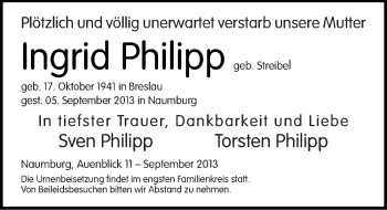 Traueranzeige von Ingrid Philipp von Mitteldeutsche Zeitung Naumburg/Nebra
