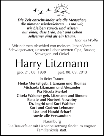 Traueranzeige von Harry Litzmann von Mitteldeutsche Zeitung Naumburg/Nebra