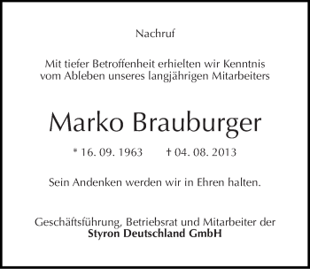 Traueranzeige von Marko Brauburger von Mitteldeutsche Zeitung Merseburg/Querfurt