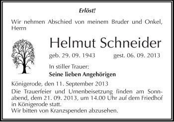 Traueranzeige von Helmut Schneider von Mitteldeutsche Zeitung Quedlinburg