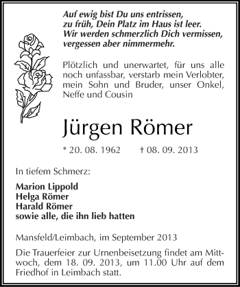 Traueranzeige von Jürgen Römer von Mitteldeutsche Zeitung Mansfelder Land