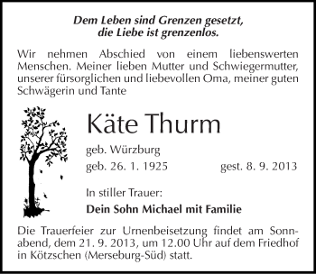 Traueranzeige von Käte Thurm von Mitteldeutsche Zeitung Merseburg/Querfurt