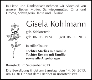 Traueranzeige von Gisela Kohlmann von Mitteldeutsche Zeitung Mansfelder Land