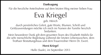 Traueranzeige von Eva Kriegel von Mitteldeutsche Zeitung Halle/Saalkreis