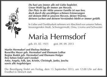 Traueranzeige von Maria Hermsdorf von Mitteldeutsche Zeitung Naumburg/Nebra