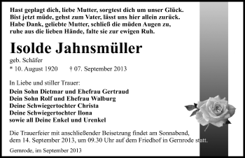Traueranzeige von Isolde Jahnsmüller von Mitteldeutsche Zeitung Quedlinburg