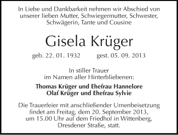 Traueranzeige von Gisela Krüger von Mitteldeutsche Zeitung Wittenberg