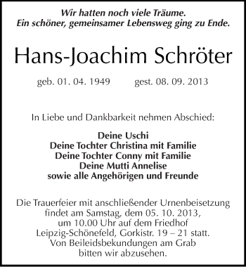 Traueranzeige von Hans-Joachim Schröter von Mitteldeutsche Zeitung Halle/Saalkreis
