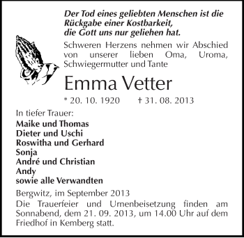 Traueranzeige von Emma Vetter von Mitteldeutsche Zeitung Wittenberg