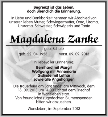 Traueranzeige von Magdalena Zanke von Mitteldeutsche Zeitung Mansfelder Land