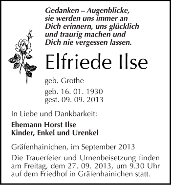 Traueranzeige von Elfriede Ilse von Mitteldeutsche Zeitung Wittenberg