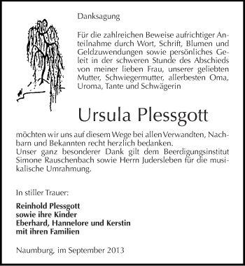 Traueranzeige von Ursula Plessgott von Mitteldeutsche Zeitung Naumburg/Nebra