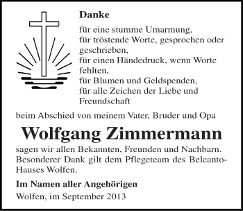 Traueranzeige von Wolfgang Zimmermann von Mitteldeutsche Zeitung Bitterfeld