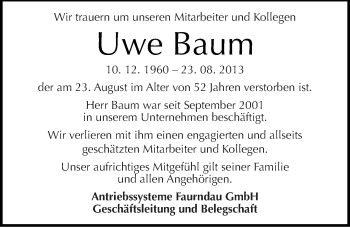 Traueranzeige von Uwe Baum von Mitteldeutsche Zeitung Wittenberg