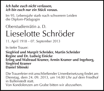 Traueranzeige von Lieselotte Schröder von Mitteldeutsche Zeitung Quedlinburg