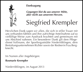 Traueranzeige von Siegfried Krempler von Mitteldeutsche Zeitung Sangerhausen
