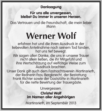 Traueranzeige von Werner Wolf von Mitteldeutsche Zeitung Sangerhausen