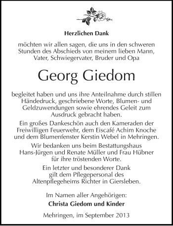 Traueranzeige von Georg Giedom von Mitteldeutsche Zeitung Aschersleben