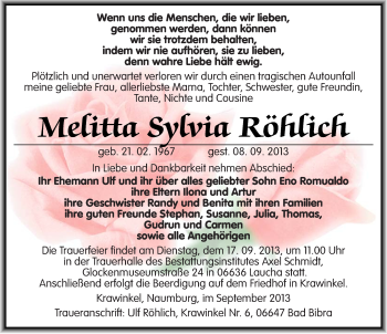Traueranzeige von Melitta Sylvia Röhlich von Mitteldeutsche Zeitung Naumburg/Nebra