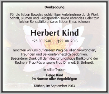 Traueranzeige von Herbert Kind von Mitteldeutsche Zeitung Köthen