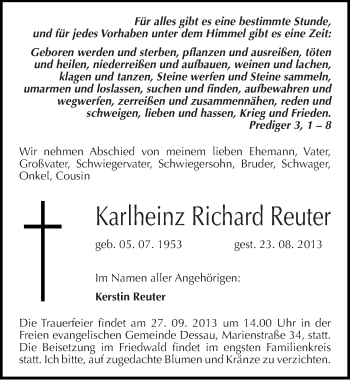 Traueranzeige von Karlheinz Richard Reuter von Mitteldeutsche Zeitung Dessau-Roßlau