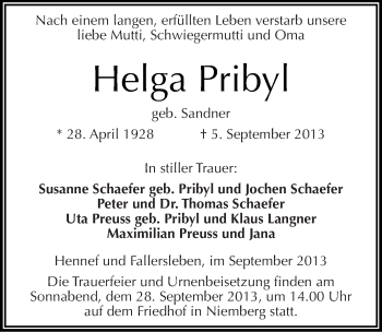 Traueranzeige von Helga Pribyl von Mitteldeutsche Zeitung Halle/Saalkreis