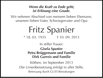 Traueranzeige von Fritz Spanier von Mitteldeutsche Zeitung Köthen