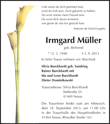 Traueranzeige von Irmgard Müller von Mitteldeutsche Zeitung Mansfelder Land