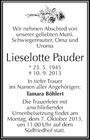 Traueranzeige von Lieselotte Pauder von Mitteldeutsche Zeitung Halle/Saalkreis