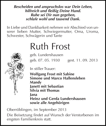 Traueranzeige von Ruth Frost von Mitteldeutsche Zeitung Sangerhausen