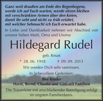 Traueranzeige von Hildegard Rudel von Mitteldeutsche Zeitung Dessau-Roßlau