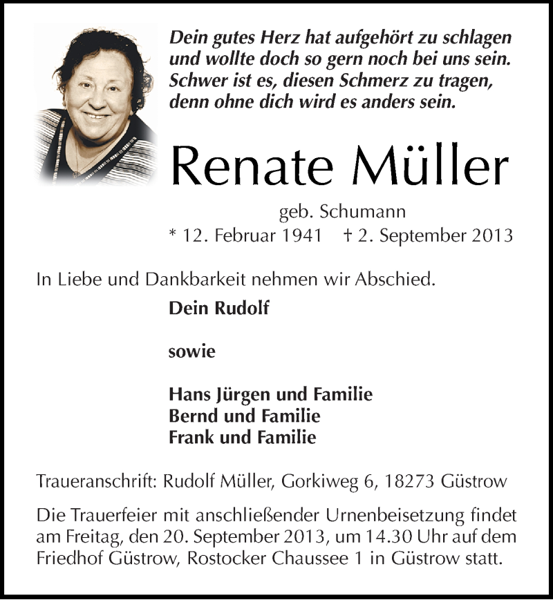  Traueranzeige für Renate Müller vom 14.09.2013 aus Mitteldeutsche Zeitung Halle/Saalkreis