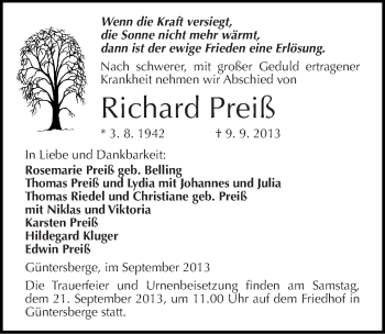 Traueranzeige von Richard Preiß von Mitteldeutsche Zeitung Quedlinburg