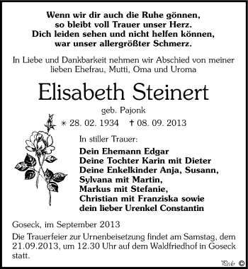 Traueranzeige von Elisabeth Steinert von Mitteldeutsche Zeitung Weißenfels